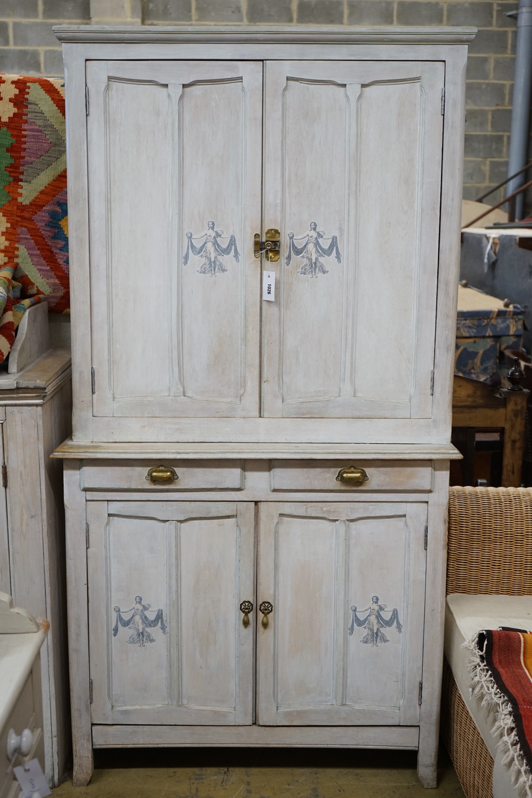 A Victorian style painted pine four door cabinet, width 100cm, depth 45cm, height 186cm
